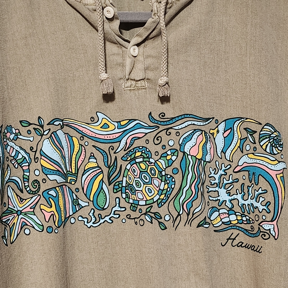 CRAZY SHIRTS Hoodie Mens Medium Tan Blue Graphic Hawaii Surf Vintage - Picture 3 of 7